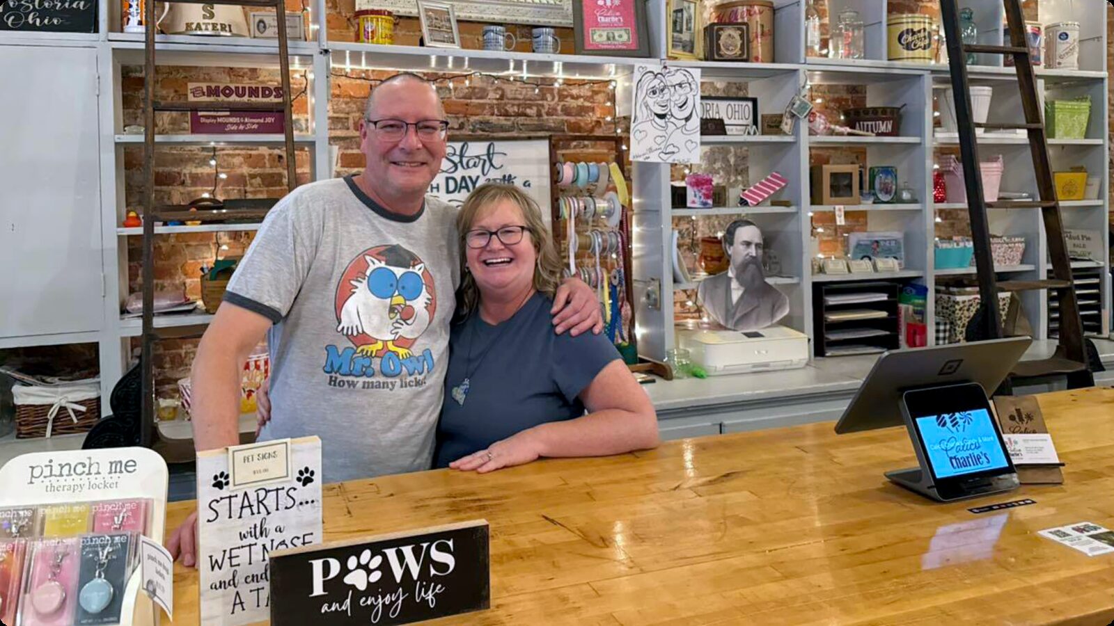 Owners Kristin and Matt Koester behind the counter at Calico Charlie’s Candy & More
